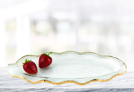 (D) Handcrafted Goldedge Oval Wavy Serving Platter 14" with Gold Rim, Handmade
