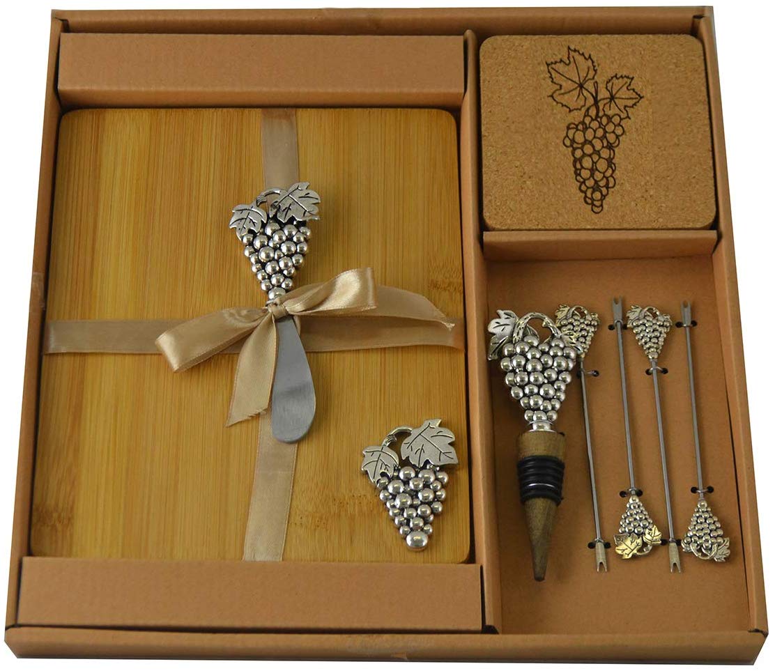 (D) Wooden Cheese Board with Silver Picks, Stopper, Knife, Coasters 11pc 'Grape'