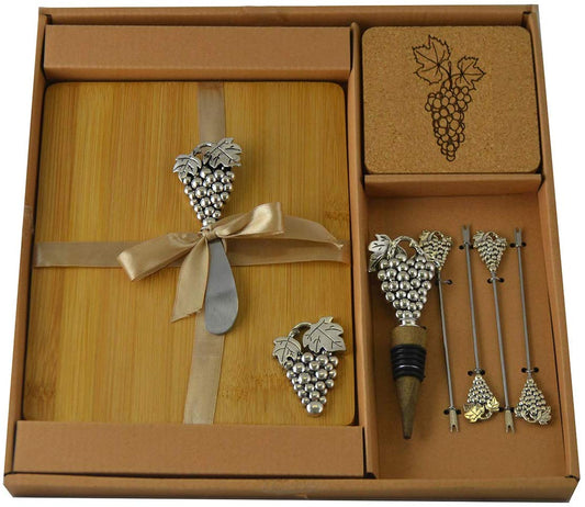 (D) Wooden Cheese Board with Silver Picks, Stopper, Knife, Coasters 11-pc