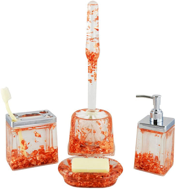(D) 5-Piece Bathroom Set with Soap Dispenser (Orange Specks)