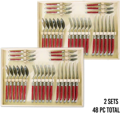 (D) Laguiole Flatware Set with Red Handles in Clasp Box 24-pc, Vintage 2 PACK
