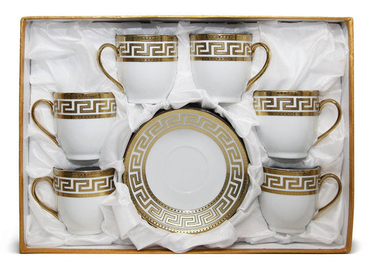 Royalty Porcelain 12pc Miniature Espresso Coffee Set, Six 24K Golden-Plated Cups w/ Saucers, Greek Pattern Porcelain Tableware