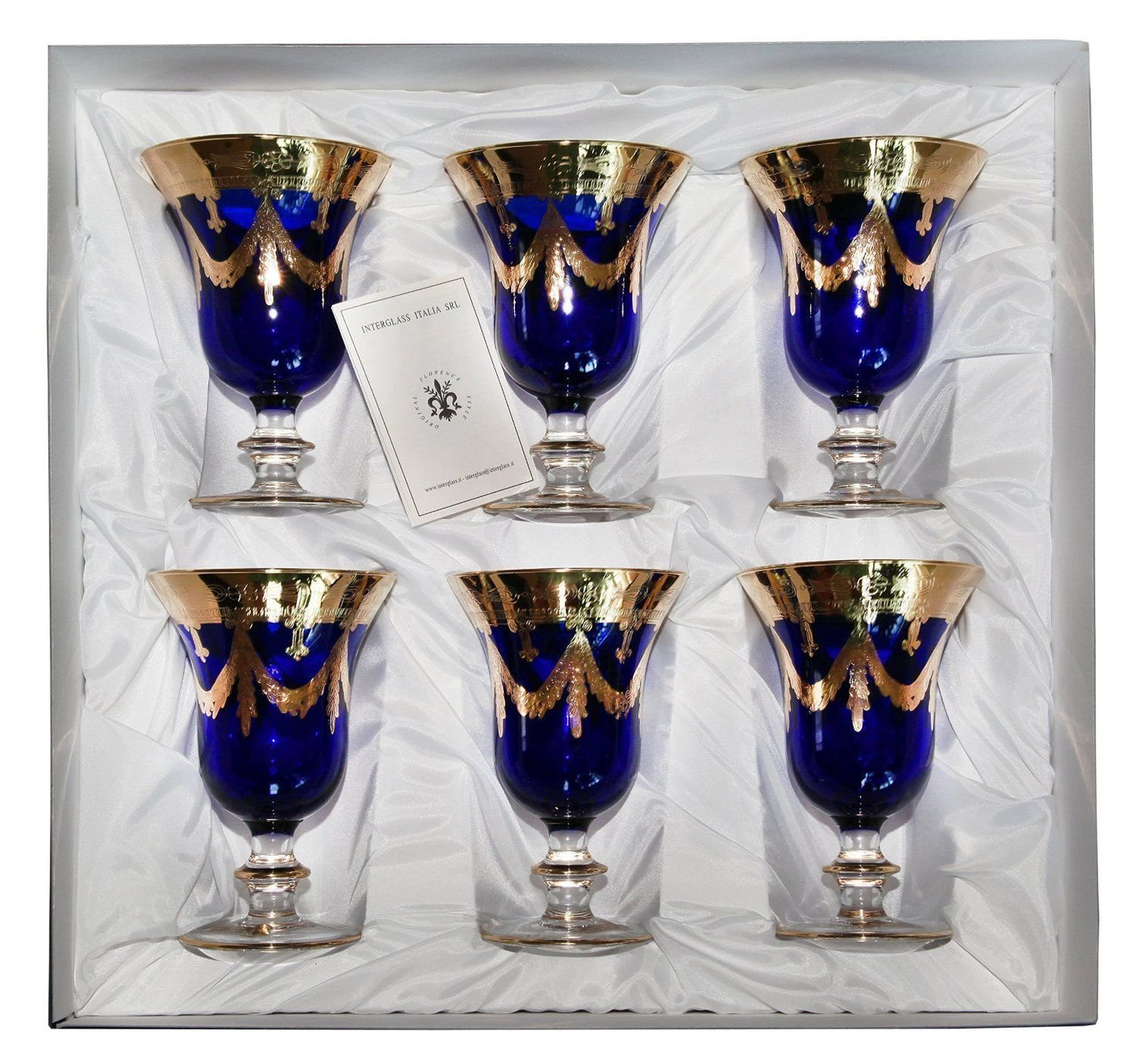 Interglass Italy Blue Crystal Wine Glasses, 24K Gold-Plated (Wine Goblets) Set of 2, 6, or 12