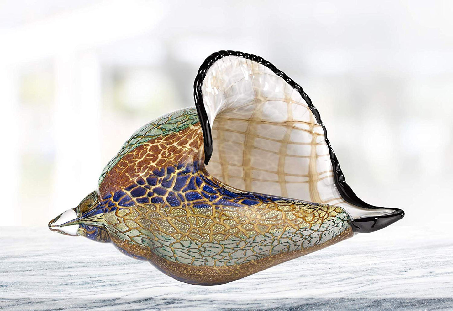 (D) Handcrafted 'Firestorm' Murano Art Glass Conch Shell Figurine 13" on Base