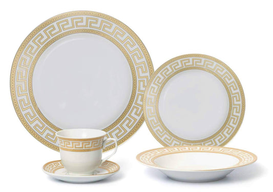 57 Piece Dinner Set for 8, Greek Key Pattern, Fine Porcelain Gold Decoration on White