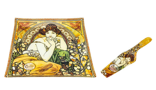 Carmani Painters 2-pc Decorative Glass Cake Serving Set, Mucha Series (Topaz)
