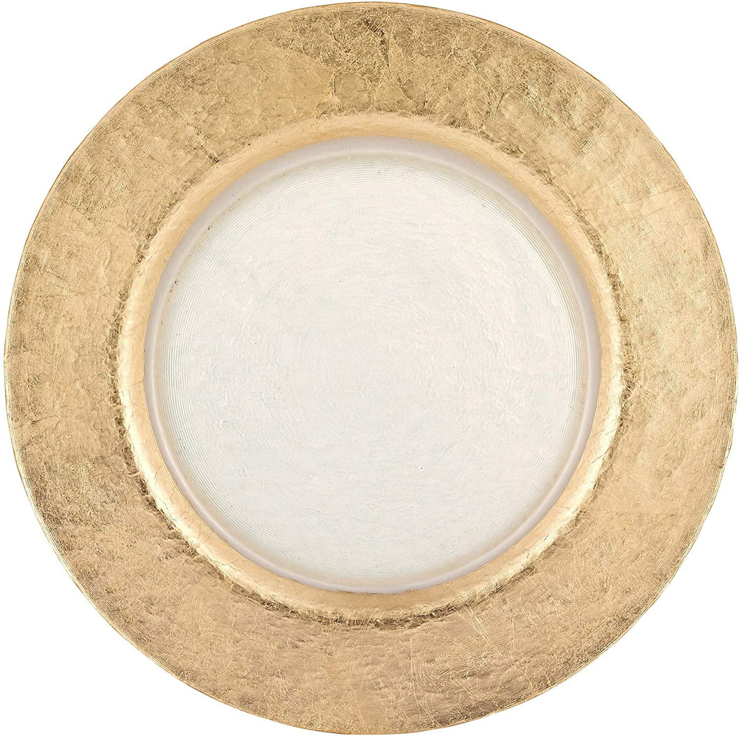 (D) Charger Plate Gold Leaf Round 13 inch Textured Glass, Wedding Dinnerware