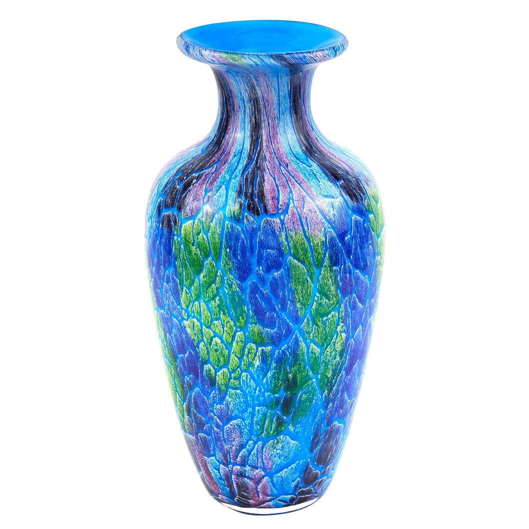 (D) Handcrafted 'Firestorm' Murano Style Art Glass Blue Oval Flower Vase 10