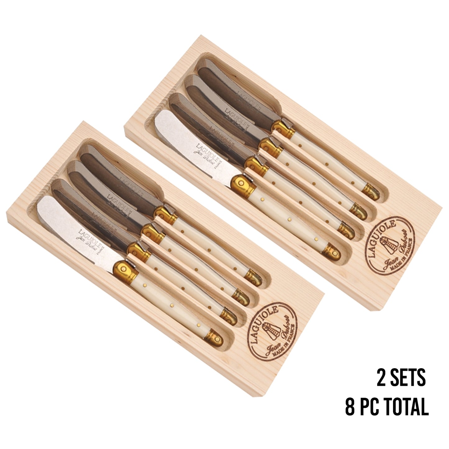 (D) Laguiole Hand Made French 4 Spreaders in Wooden Box Vintage 2 PACK (Ivory)