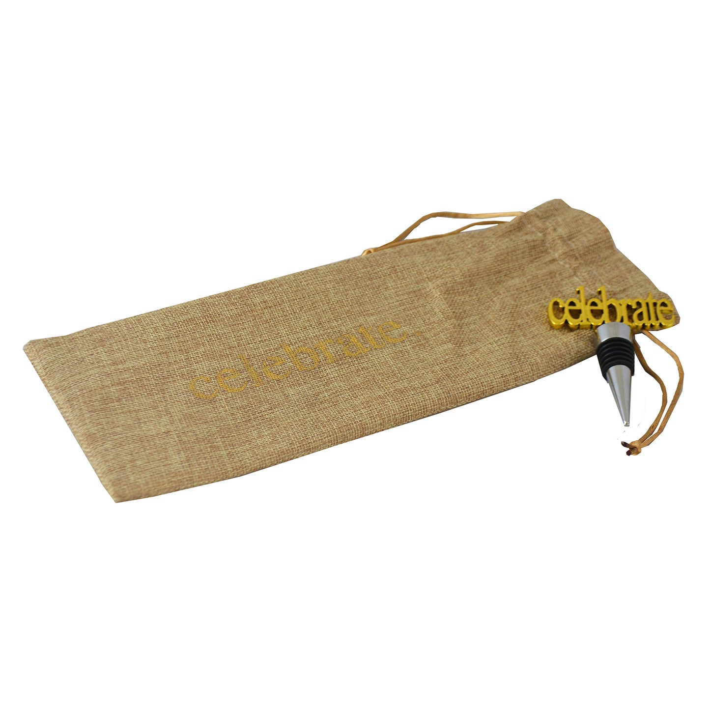 (D) Wine Bottle Stopper with Burlap Bag for Vintage Wedding (Brown Celebrate)
