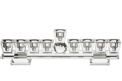 (D) Judaica Crystal Menorah Flat with Stand for Candles and Oil 14.5x3.9''
