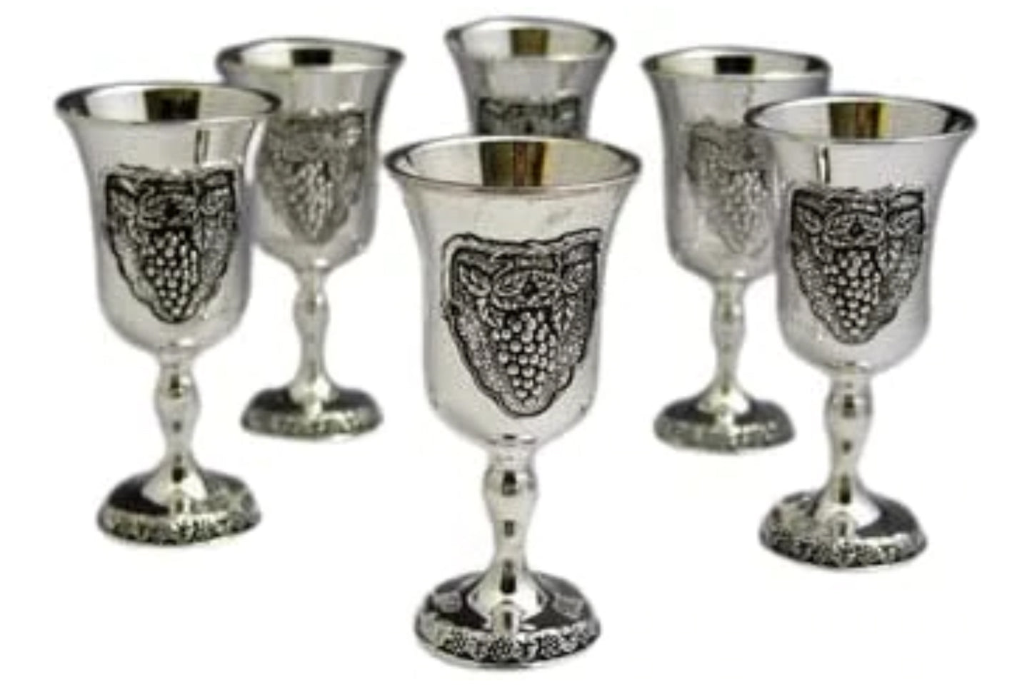 (D) Judaica Liquor Cups Set of 6 Silver Plated with Embossed Grape 3 1/4" H