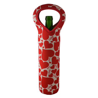 (D) Neoprene Wine Bottle Tote Carrier Bag for Outdoors (Red Hearts)