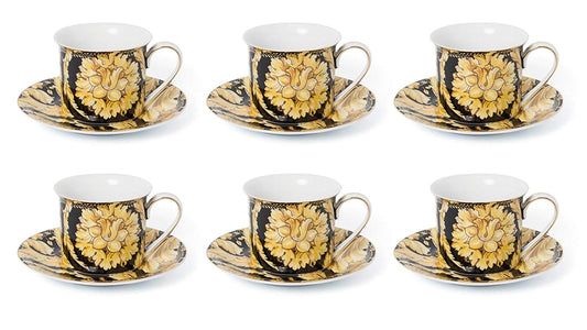 Royalty Porcelain Luxury Tea or Coffee Cup Set, 24K Gold (12 PC, Floral Black)