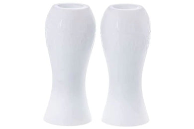 (D) Judaica White Opaugue Trilles Candlestick Holders 2 Pc 4.5 H