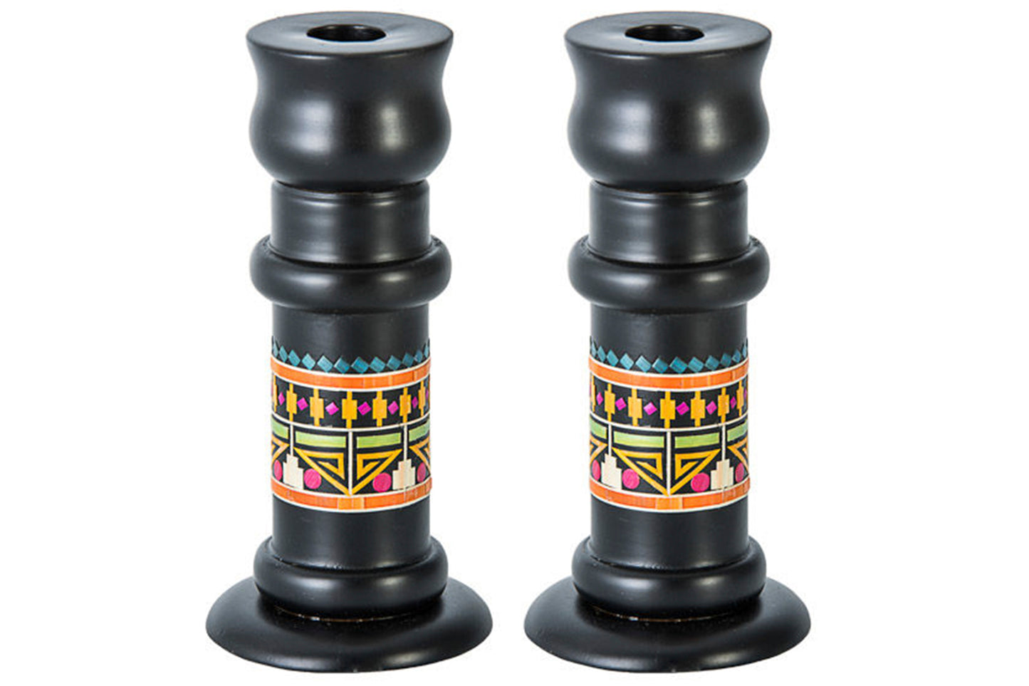 (D) Judaica Wood Candle Sticks with Straw Pattern 6 1/4 H Home Decor (Black)