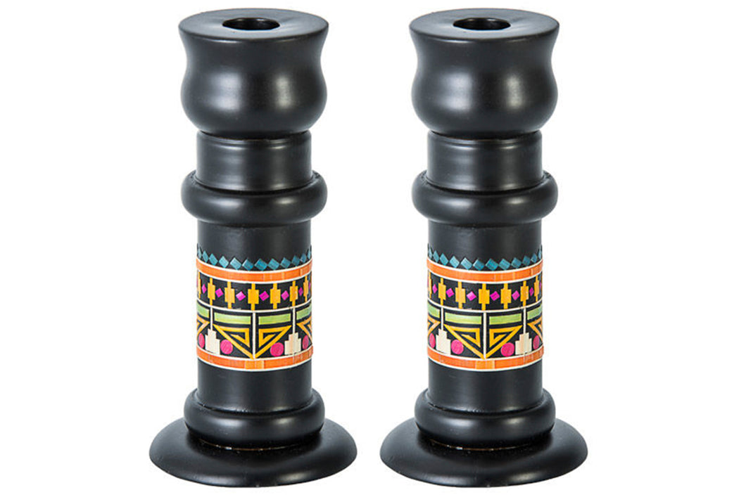 (D) Judaica Wood Candle Sticks with Straw Pattern 6 1/4 H Home Decor (Black)