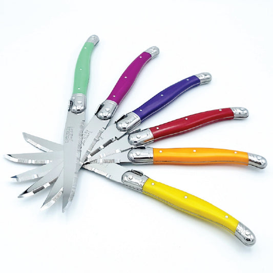 (D) Laguiole French Hand Made 6 Steak Knives Multi-Color in Wood Block, Vintage