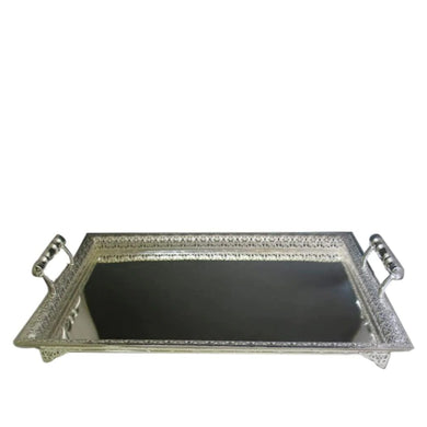 (D) Judaica Silver Plated Tray with Handles Tiny Decor, Small Feet 23.5x16''