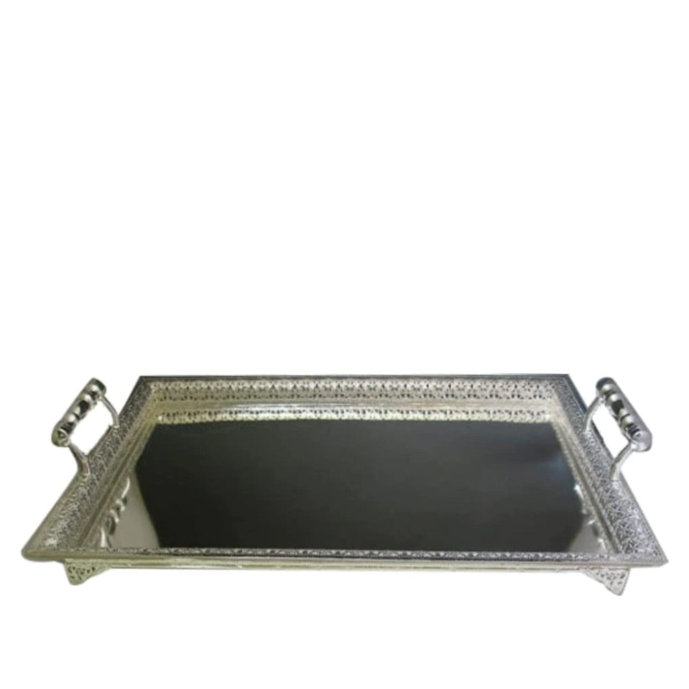 (D) Judaica Silver Plated Tray with Handles Tiny Decor, Small Feet 23.5x16''