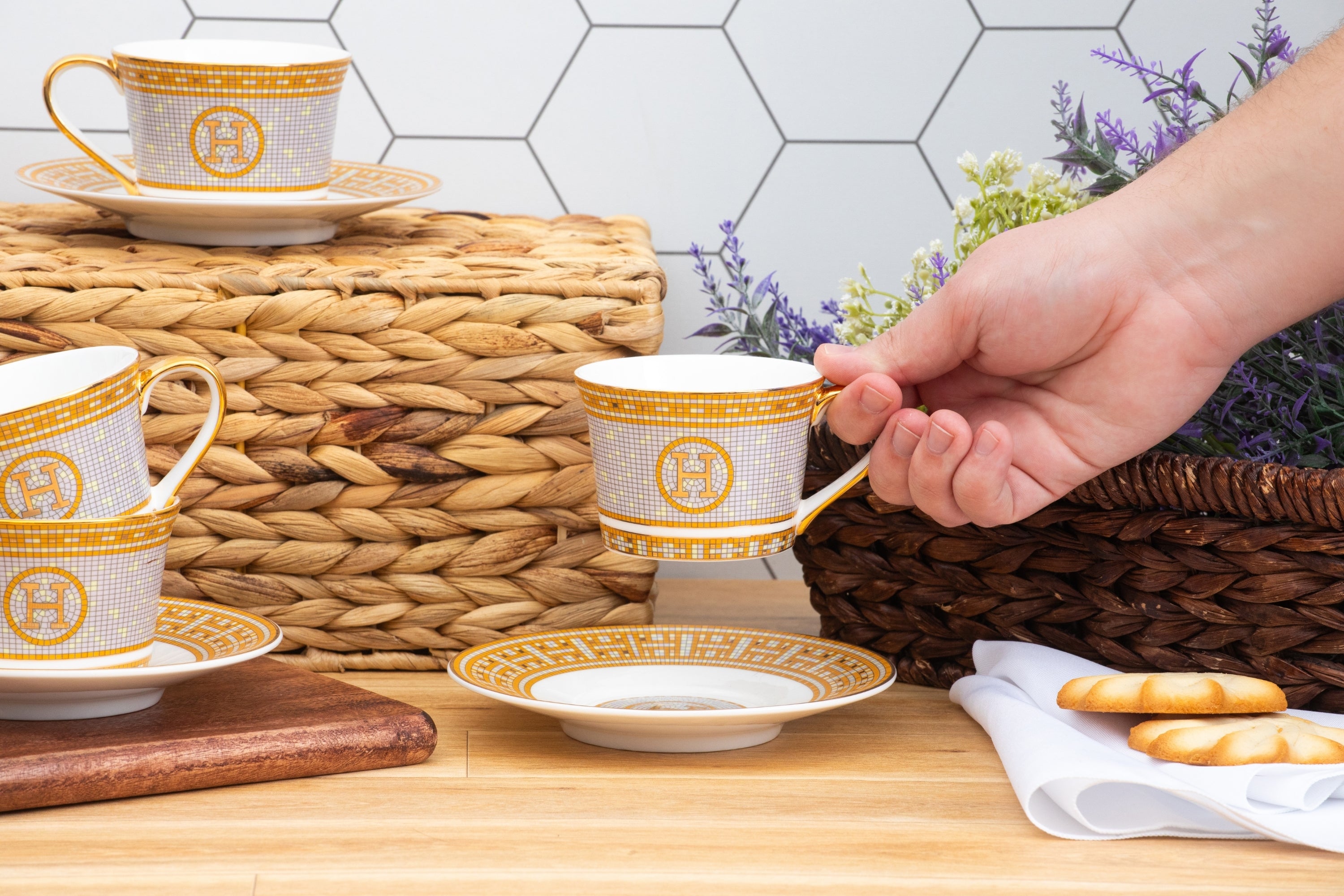 Royalty Porcelain Tea Set - Luxurious 12 Piece Service for 6 - Ornate Mosaic and 24K Gold Leaf Accents - 6 oz Cups and Saucers - Tea Party Set for Black Tea, Cappuccino or Decor