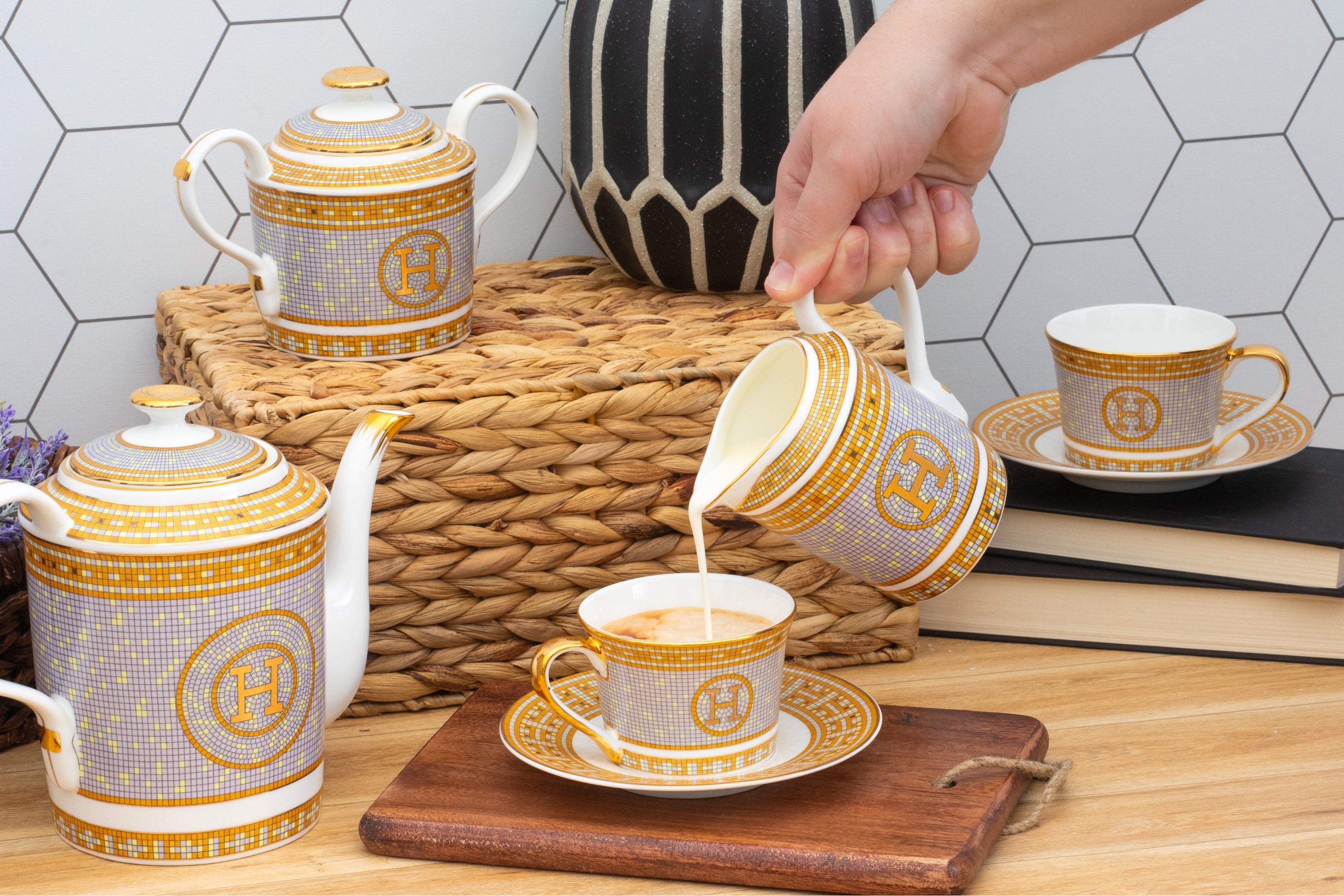 Royalty Porcelain Luxurious Tea Set - 17 Piece Service for 6 - Ornate Mosaic Pattern - Hand Painted Gold Detailing - Tea Sets For Adults - Includes Teapot, Cups, Saucers, Sugar Bowl, Creamer