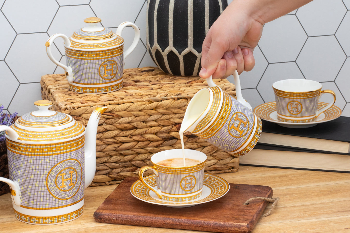Royalty Porcelain Luxurious Tea Set - 17 Piece Service for 6 - Ornate Mosaic Pattern - Hand Painted Gold Detailing - Tea Sets For Adults - Includes Teapot, Cups, Saucers, Sugar Bowl, Creamer
