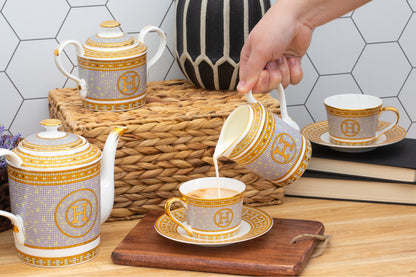Royalty Porcelain Luxurious Tea Set - 17 Piece Service for 6 - Ornate Mosaic Pattern - Hand Painted Gold Detailing - Tea Sets For Adults - Includes Teapot, Cups, Saucers, Sugar Bowl, Creamer