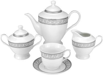 Vintage Platinum 57-pc Dinnerware Set for 8 'Greek Key' Silver,  Fine Porcelain