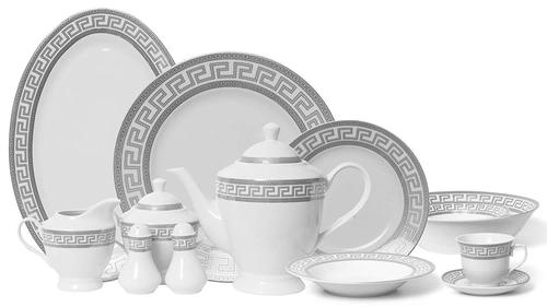 Vintage Platinum 57-pc Dinnerware Set for 8 'Greek Key' Silver,  Fine Porcelain
