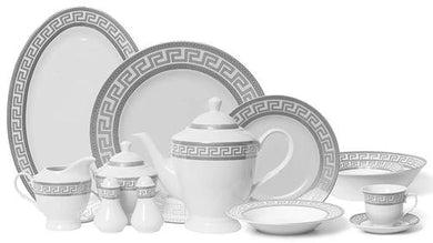 Vintage Platinum 57-pc Dinnerware Set for 8 'Greek Key' Silver,  Fine Porcelain