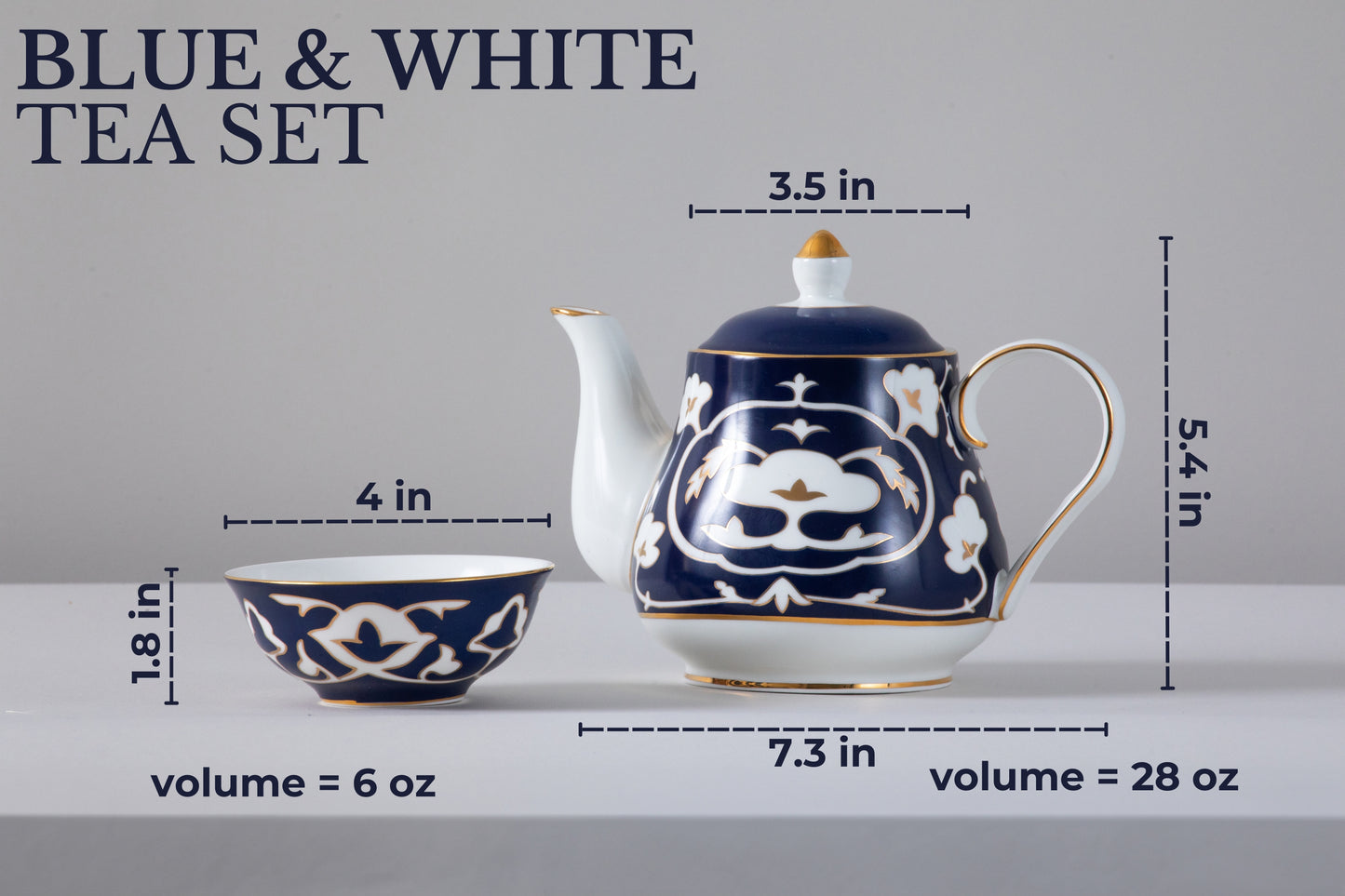 Blue and White Tea Set - 28 oz. Bone China Teapot and 6 oz. Mini Cups with White Vintage Design - Elegant Tea Serving Set for Kitchen and Gift for Women, Men, Adults and Tea Lovers