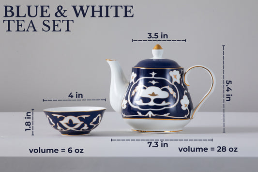 Blue and White Tea Set - 28 oz. Bone China Teapot and 6 oz. Mini Cups with White Vintage Design - Elegant Tea Serving Set for Kitchen and Gift for Women, Men, Adults and Tea Lovers