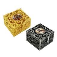(D) Miniature Sacred Rosary Keepsake Icon Box: For Display Your Devotional Treasures 1 3/4" (Gold or Silver)