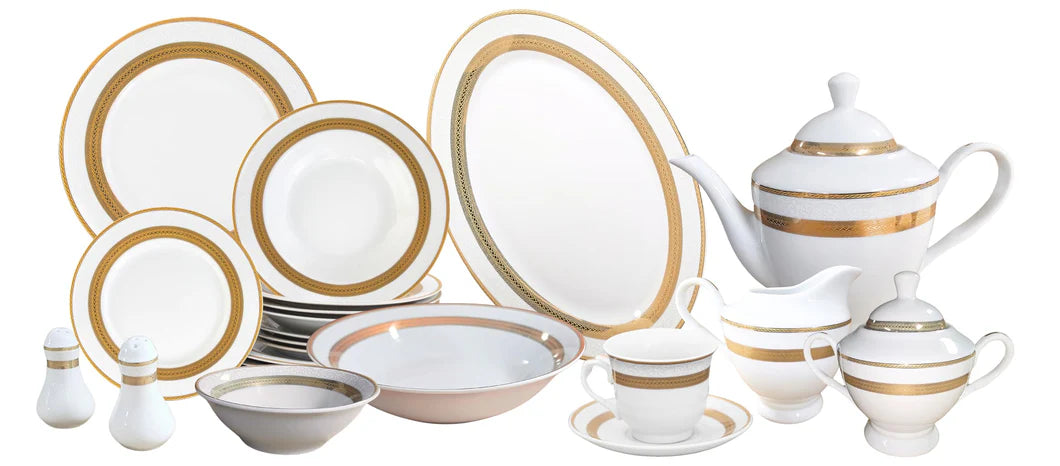 57-piece vintage porcelain dinnerware set for 8 displayed as a complete collection on a neutral background