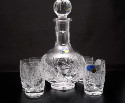 Russian Cut Crystal 12 Oz Carafe/decanter & 6 Crystal Shot Glasses 1.7 oz