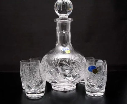 Russian Cut Crystal 12 Oz Carafe/decanter & 6 Crystal Shot Glasses 1.7 oz