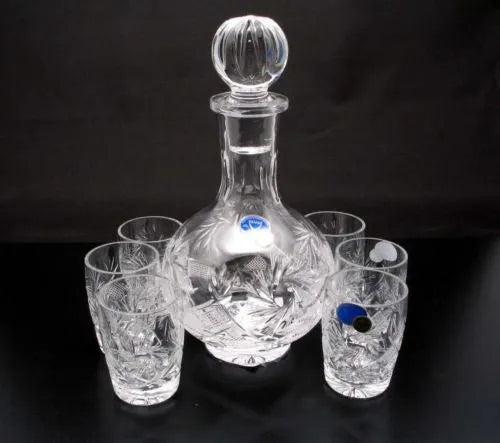 Russian Cut Crystal 12 Oz Carafe/decanter & 6 Crystal Shot Glasses 1.7 oz
