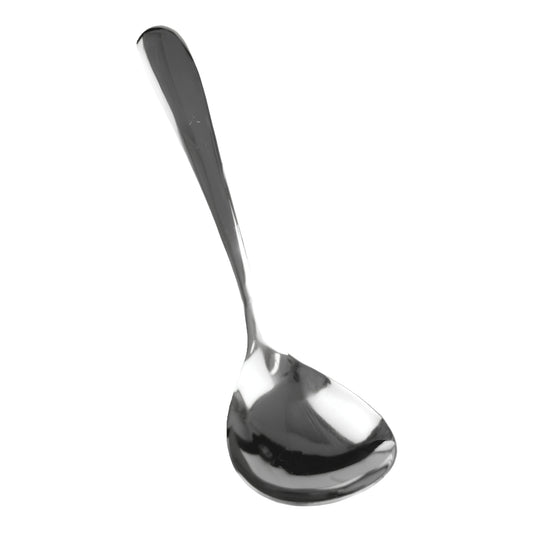 Stainless steel buffet serving spoon with elegantly curved bowl, 8-3/8 inch commercial-grade design for restaurants and catering