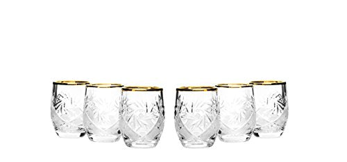 Set of 6 Hand Made Vintage Cut Crystal Shot Glasses With a Gold Rim 1.5 oz