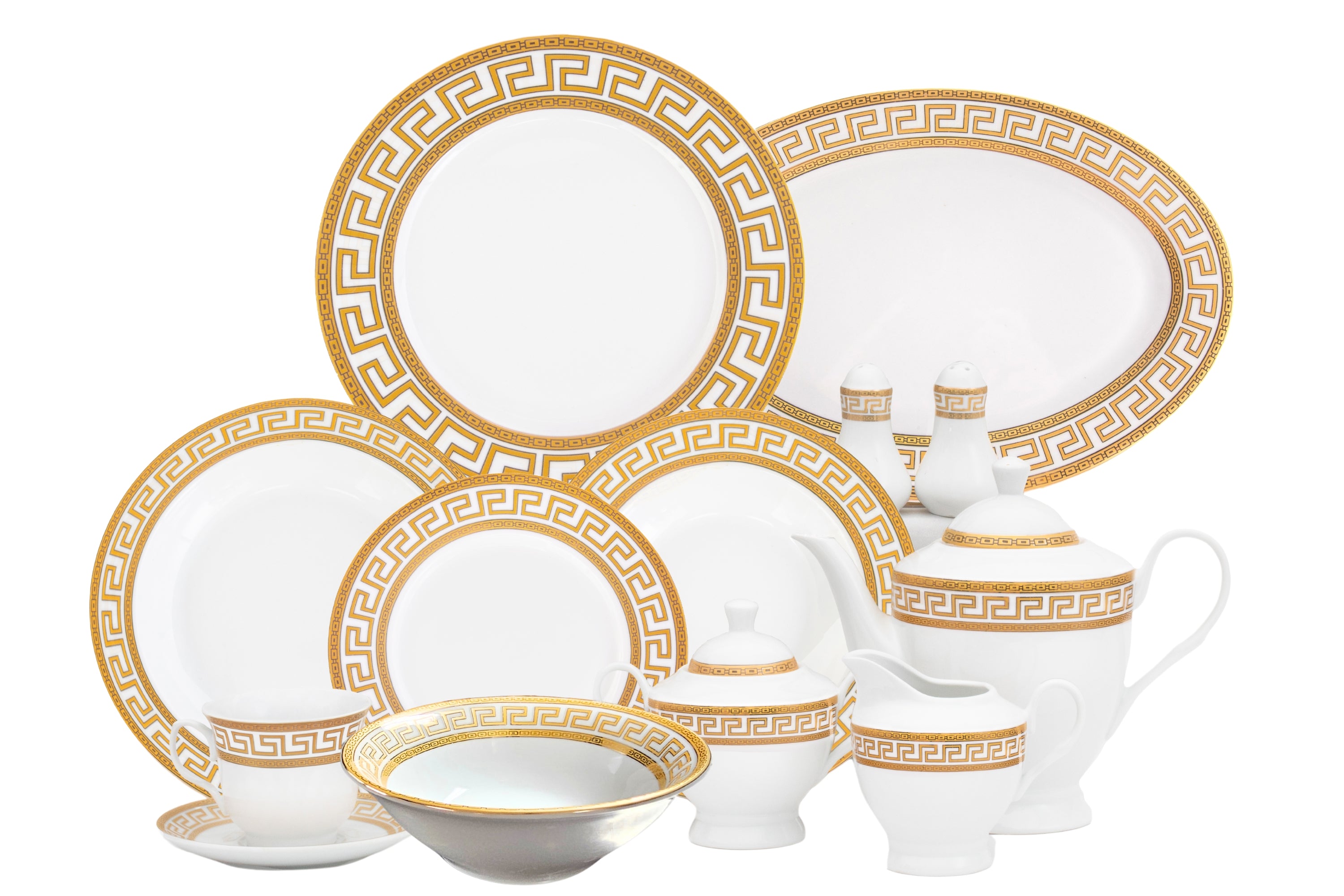 Salt and pepper shakers from the 57-piece porcelain set showing coordinated vintage styling
