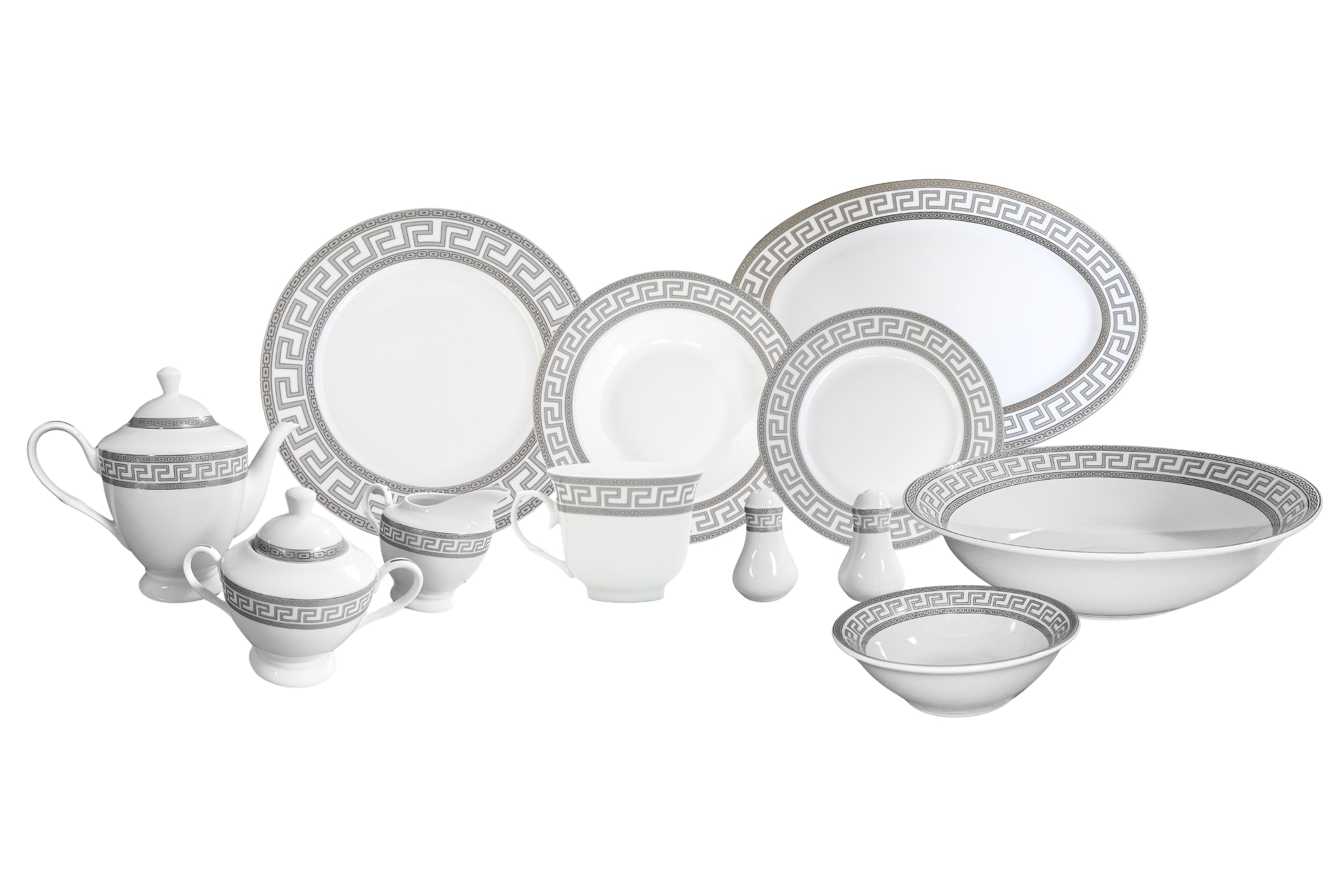 Place setting for one arranged with dinner plate, soup plate, dessert plate, cup and saucer from the set