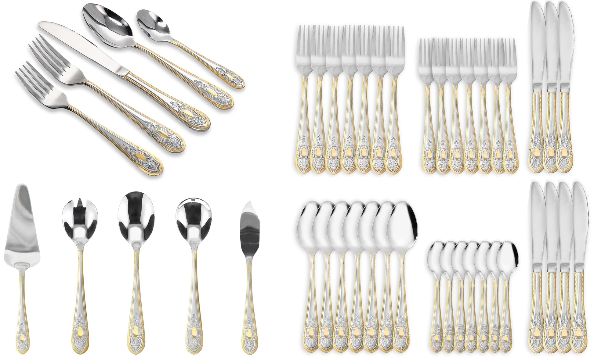 40 Piece Flatware Set - Includes 5 Piece Hostess Set - Vintage Design Handle with Gold Detailing - 18/10 Stainless (45 Piece, Amalfi)