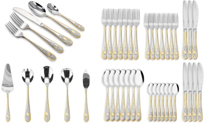 40 Piece Flatware Set - Includes 5 Piece Hostess Set - Vintage Design Handle with Gold Detailing - 18/10 Stainless (45 Piece, Amalfi)