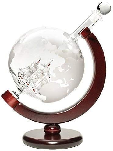 Large Decanter Set – Whiskey Decanter with Wooden Stand, 2 Etched Globe Whiskey Glasses, and Funnel – Elegant Liquor Dispenser for Spirits