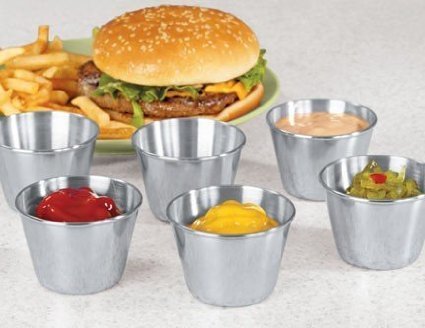 Full set of 6 stainless steel 2.5 oz portion cups arranged together showing complete collection