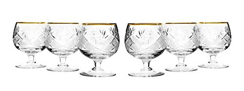 Set of 6 Brandy Snifters, 10oz Hand Made Vintage Russian Cut Crystal With Gold Rim