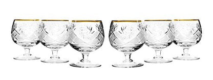 Set of 6 Brandy Snifters, 10oz Hand Made Vintage Russian Cut Crystal With Gold Rim