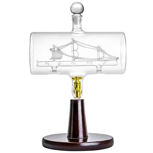 'Magellan' Decanter 40 Oz with Ship inside, Wooden Stand, Bar Funnel, 2 Glasses
