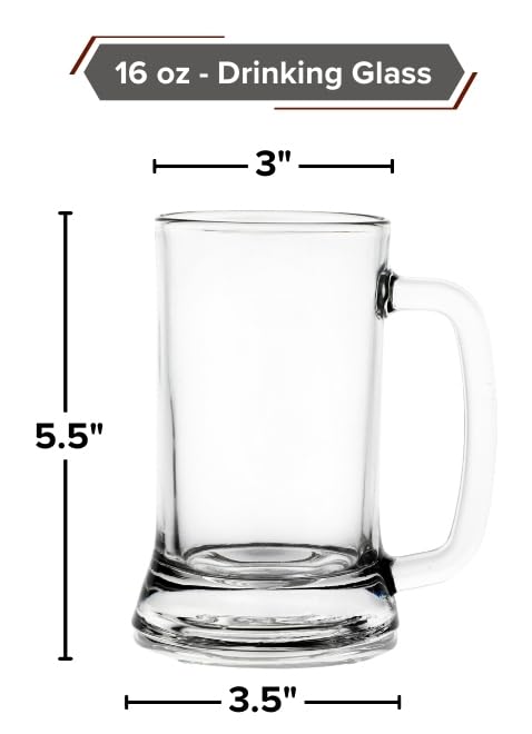 GIFTS PLAZA Beer Mugs Sets - Crystal Clear Drinking Glass, 16 Ounce - Glassware Mugs with Handle for Coffee, Juice, Water and Beverages - Ideal Gift for Him or Her